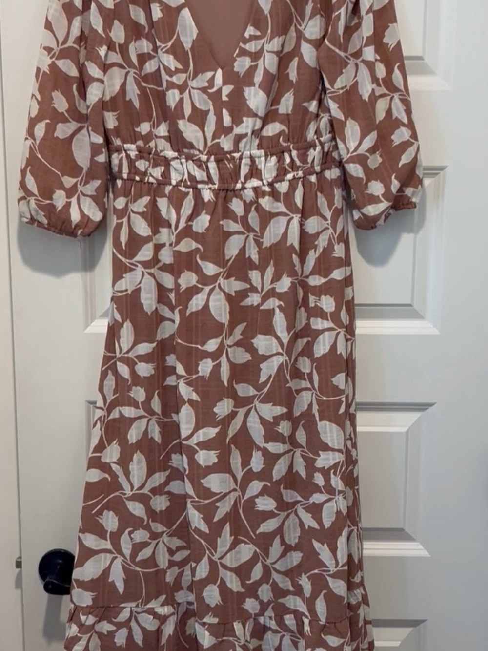 Luxology Rust-Brown Midi Dress with White Leaf Pattern